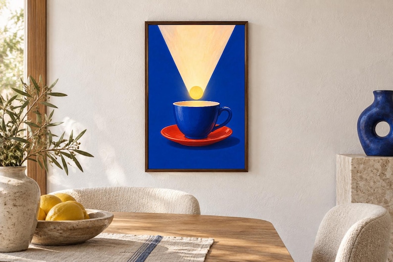 Puede incluir: Una l&aacute;mina de arte enmarcada que muestra una taza de caf&eacute; azul vibrante sobre un plato rojo brillante. Sobre la taza, un c&iacute;rculo amarillo brillante se sit&uacute;a dentro de un haz de luz triangular, sobre un fondo azul profundo.