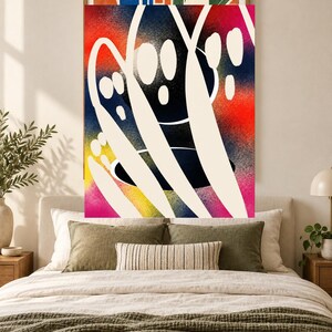 May include: A rectangular wall art print featuring a vibrant, spray-painted background with gradients of red, yellow, blue, and pink. Overlaid on the colorful base are bold, sweeping, off-white curved lines and several solid off-white oval shapes.