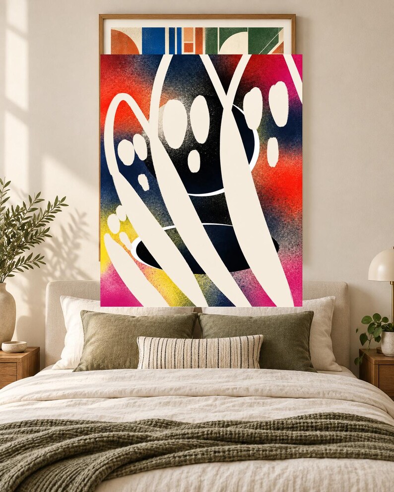 May include: A rectangular wall art print featuring a vibrant, spray-painted background with gradients of red, yellow, blue, and pink. Overlaid on the colorful base are bold, sweeping, off-white curved lines and several solid off-white oval shapes.