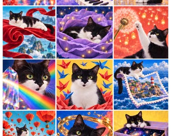 Freya Tuxedo Cat Wall Art, Colourful Surreal Pet Collage, A2 Printable Digital Download