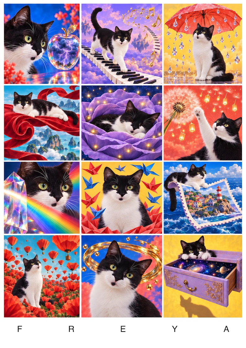 Freya Tuxedo Cat Wall Art, Colourful Surreal Pet Collage, A2 Printable Digital Download image 1