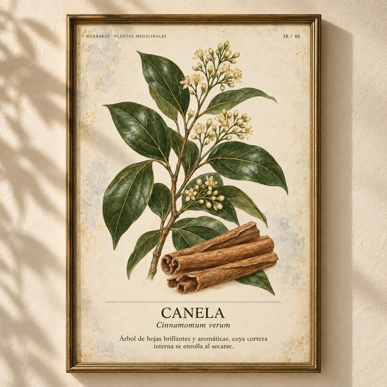 May include: A botanical print in a gold frame featuring a cinnamon plant with dark green leaves, small white flowers, and three brown cinnamon sticks at the base. The text reads HERBARIO PLANTAS MEDICINALES 38/40, CANELA, Cinnamomum verum.