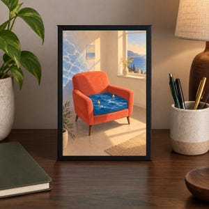 Puede incluir: Una l&aacute;mina enmarcada que muestra un sill&oacute;n de color naranja vibrante con un coj&iacute;n de asiento representado como una piscina de agua azul con dos peque&ntilde;os objetos amarillos flotando. La escena se sit&uacute;a en una habitaci&oacute;n soleada con ventana.