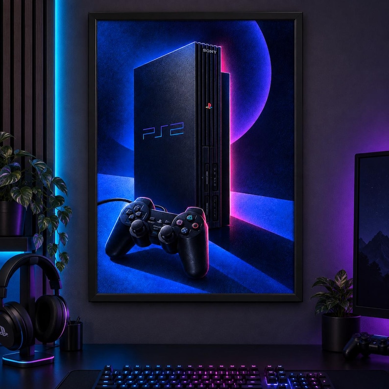 May include: A framed wall art print featuring a black Sony PlayStation 2 console and a matching black controller. The console displays the PS2 logo in blue text, while the background is illuminated with vibrant blue and purple neon circular lighting.