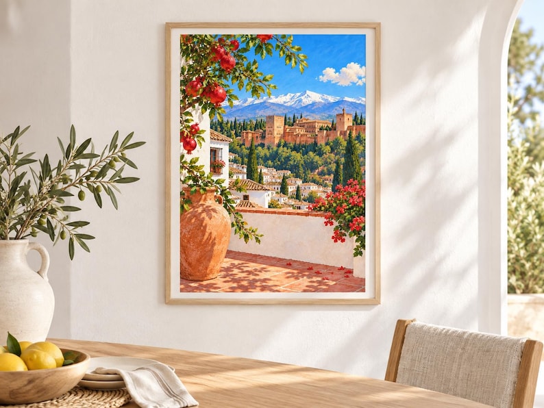 May include: A framed wall art print depicting a Mediterranean scene with a terracotta vase, a pomegranate tree, and a view of the Alhambra palace complex against a backdrop of snow-capped mountains under a bright blue sky with white clouds.