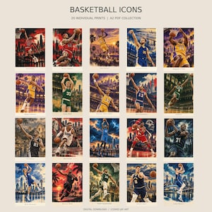 May include: A digital collection titled BASKETBALL ICONS featuring 20 individual prints of basketball players in action. Each print displays a unique athlete in a team uniform with a basketball, set against various cityscapes and stadium backgrounds.