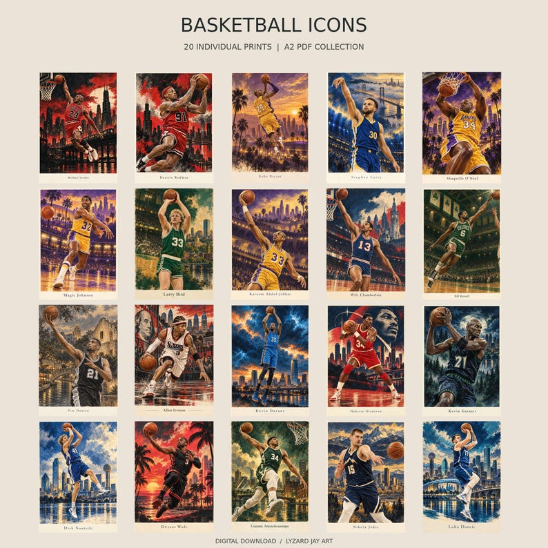 May include: A digital collection titled BASKETBALL ICONS featuring 20 individual prints of basketball players in action. Each print displays a unique athlete in a team uniform with a basketball, set against various cityscapes and stadium backgrounds.