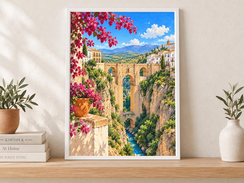 Pu&ograve; includere: Una stampa artistica incorniciata che raffigura un paesaggio con un ponte in pietra che attraversa una profonda gola con un fiume sottostante. In primo piano, un vaso in terracotta contiene fiori di bouganville rosa acceso sotto un cielo blu.