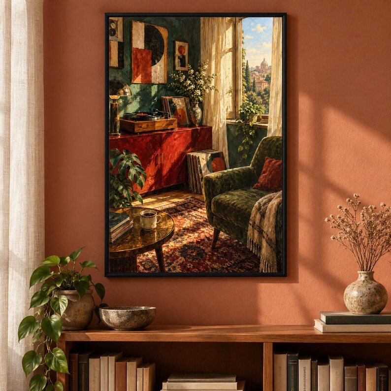 May include: A framed wall art print depicting a sunlit interior scene with a green armchair, a red cabinet holding a record player, a round coffee table with a mug, a patterned rug, and a window view of a distant city skyline under a blue sky.