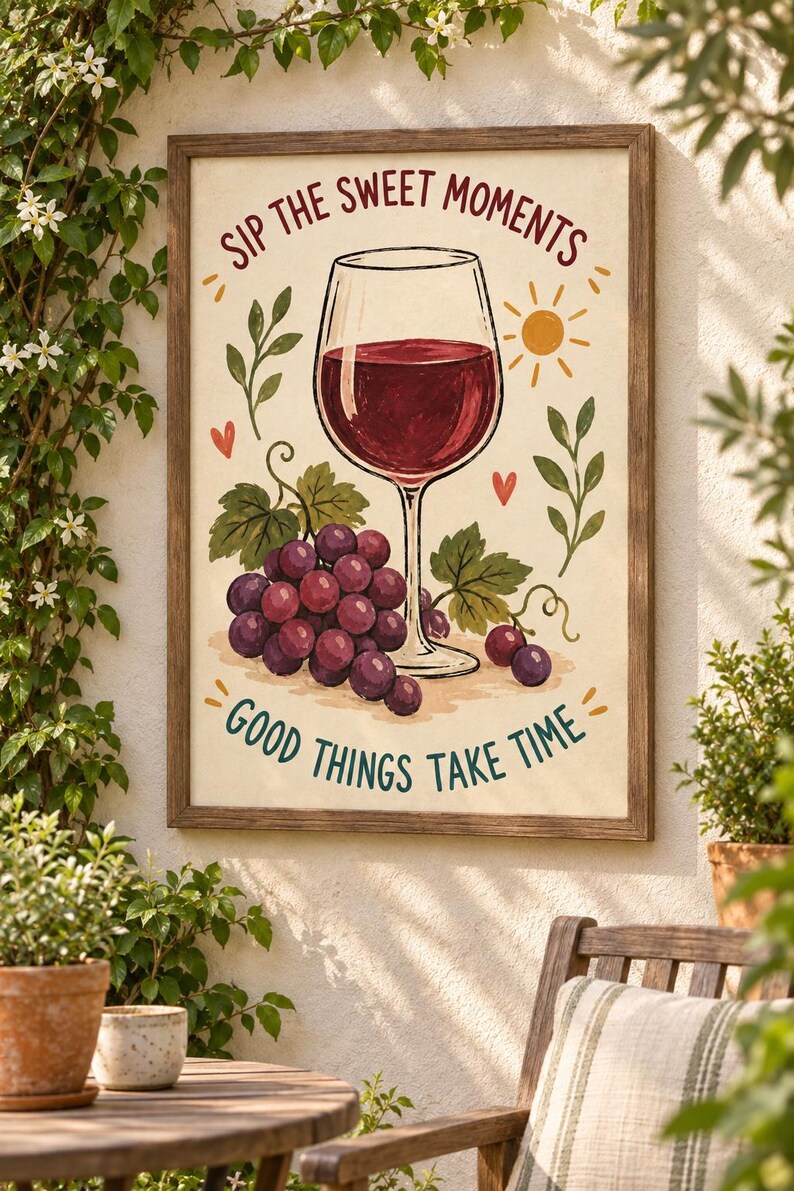May include: A framed wall art print featuring a glass of red wine, a cluster of purple grapes, and green leaves. The text reads SIP THE SWEET MOMENTS at the top and GOOD THINGS TAKE TIME at the bottom, with a small yellow sun and red hearts.
