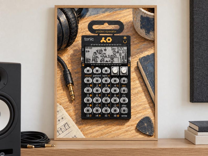 May include: A black Teenage Engineering PO-32 Tonic pocket operator synthesizer featuring a monochrome LCD screen with animated graphics, a grid of sixteen circular buttons, two silver knobs, and the text pocket operator and tonic printed on the face.