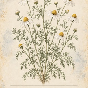 May include: A botanical illustration of a chamomile plant with white petals and yellow centers, featuring finely divided green leaves. The print includes the text HERBARIO PLANTAS MEDICINALES 02/40, MANZANILLA, Matricaria chamomilla, and a description.