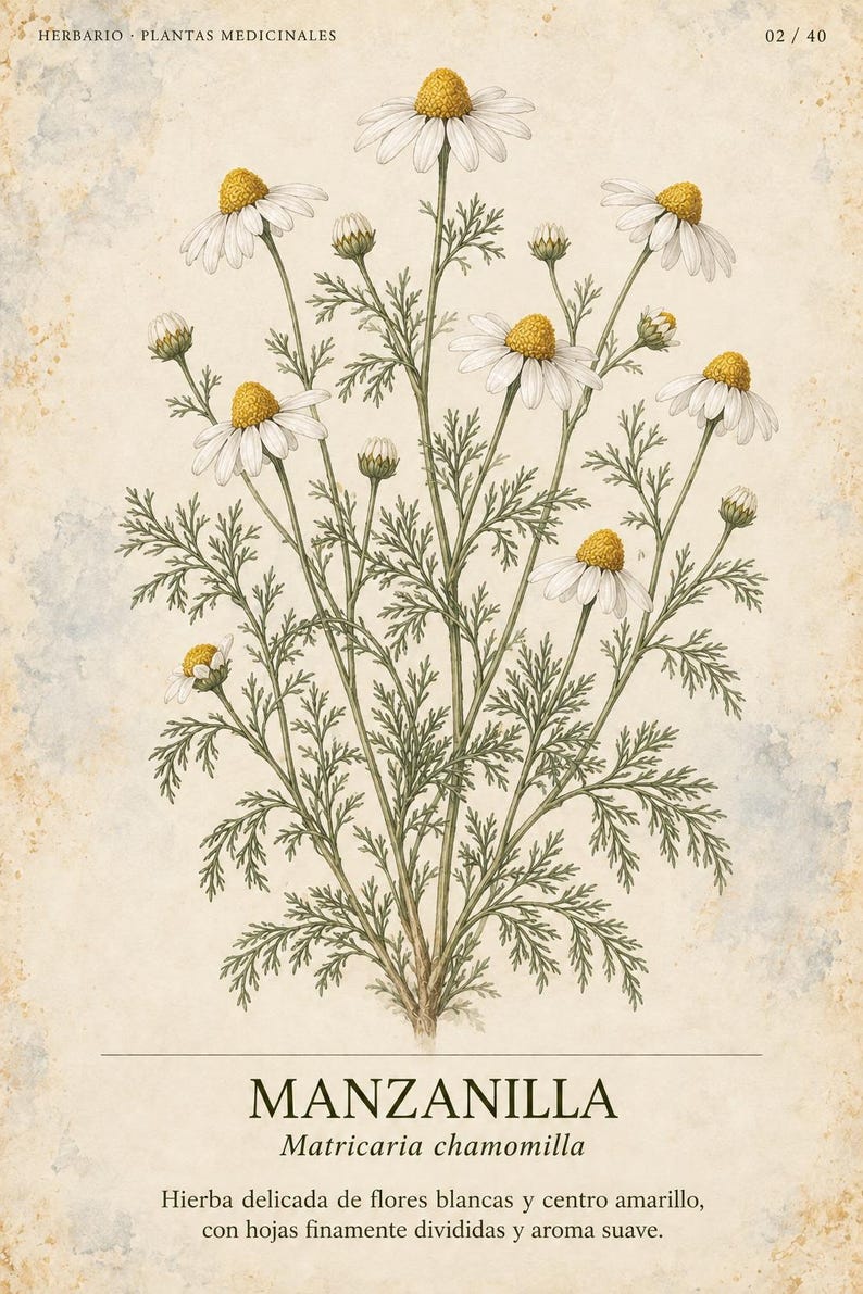 May include: A botanical illustration of a chamomile plant with white petals and yellow centers, featuring finely divided green leaves. The print includes the text HERBARIO PLANTAS MEDICINALES 02/40, MANZANILLA, Matricaria chamomilla, and a description.