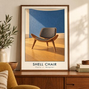 Konsttryck av Shell Chair, Hans J. Wegner möbelaffisch, A2 digital nedladdning bild 2