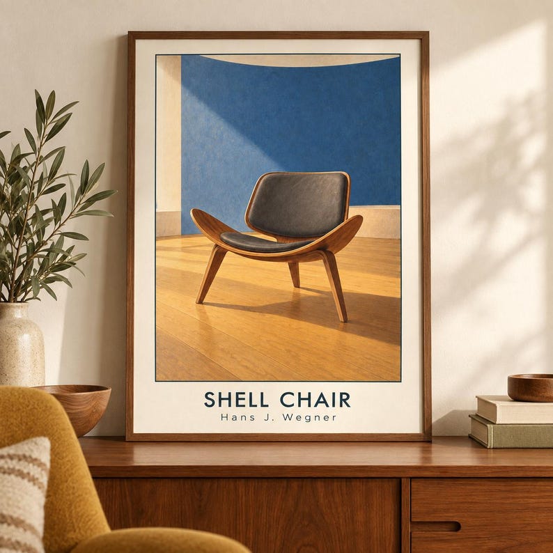 Konsttryck av Shell Chair, Hans J. Wegner möbelaffisch, A2 digital nedladdning bild 2