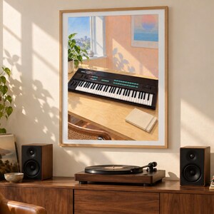May include: A framed wall art print featuring a black Yamaha DX7 synthesiser keyboard resting on a light wooden desk. The scene includes a window with a view, a small potted plant, and a closed notebook, all captured in warm, natural sunlight.