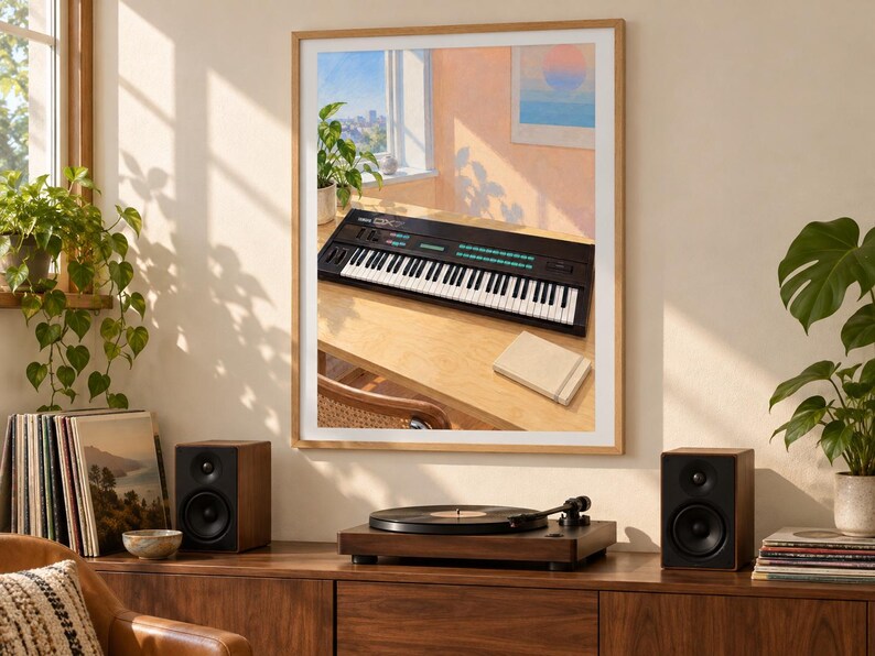 May include: A framed wall art print featuring a black Yamaha DX7 synthesiser keyboard resting on a light wooden desk. The scene includes a window with a view, a small potted plant, and a closed notebook, all captured in warm, natural sunlight.