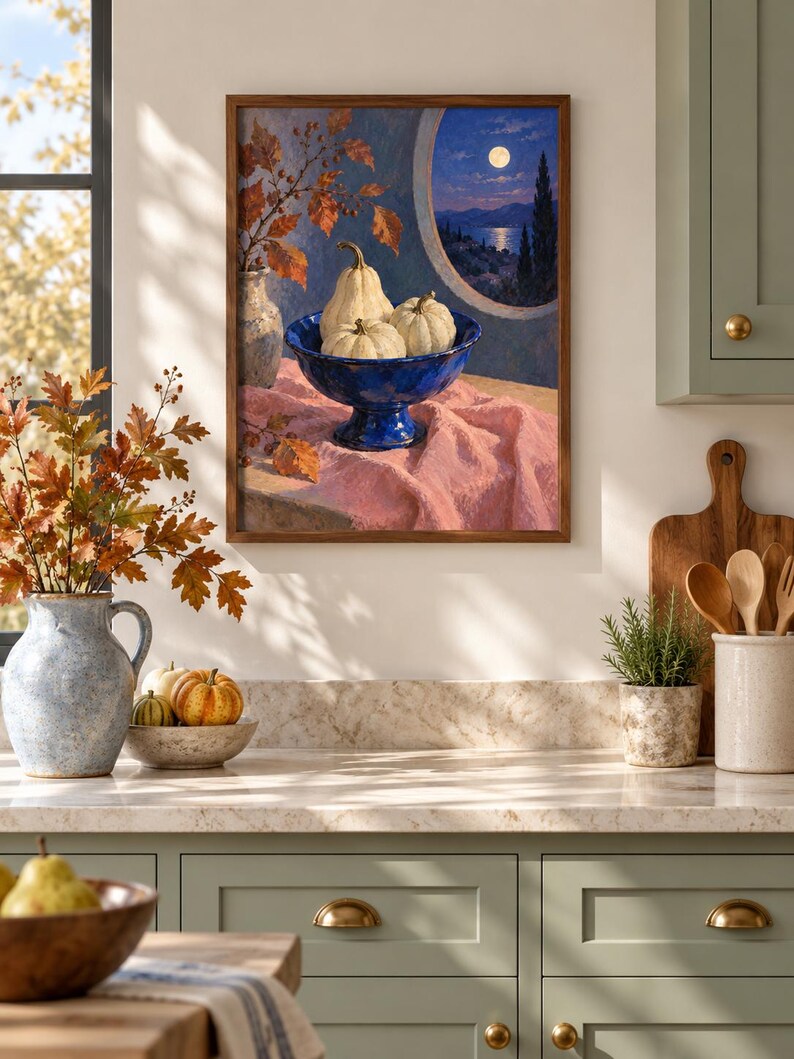May include: A framed wall art print depicting a still life scene with three white pumpkins in a deep blue pedestal bowl, resting on a pink cloth. The background shows a circular window view of a moonlit sea, cypress trees, and autumn leaves.