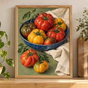 May include: A framed still life painting depicting a collection of heirloom tomatoes in a blue bowl and on a green surface, accompanied by a white cloth. The tomatoes are red, yellow, and green with visible stems and textured, ribbed skins.