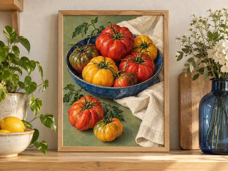 May include: A framed still life painting depicting a collection of heirloom tomatoes in a blue bowl and on a green surface, accompanied by a white cloth. The tomatoes are red, yellow, and green with visible stems and textured, ribbed skins.