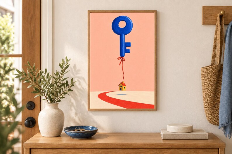 May include: A framed wall art print featuring a large blue key floating in a peach-colored sky, tethered by a thin red string to a small yellow house with a red roof that hovers slightly above a curved red path on a light beige ground.