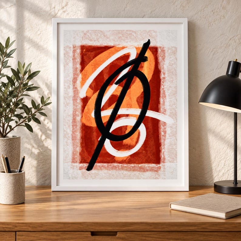 May include: A framed wall art print featuring an abstract composition with a deep red rectangular center, layered with bold white brushstrokes and a prominent, thick black circular line that is crossed by a diagonal black stroke.