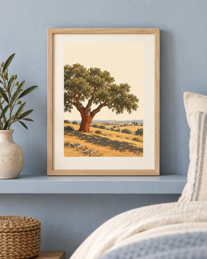 Op de afbeelding: Een ingelijste kunstdruk met een landschapsillustratie van een grote kurkeik met een roodbruine stam in een goudkleurig veld. De sc&egrave;ne toont glooiende heuvels, bomen in de verte en een klein huis onder een bleke cr&egrave;mekleurige lucht.