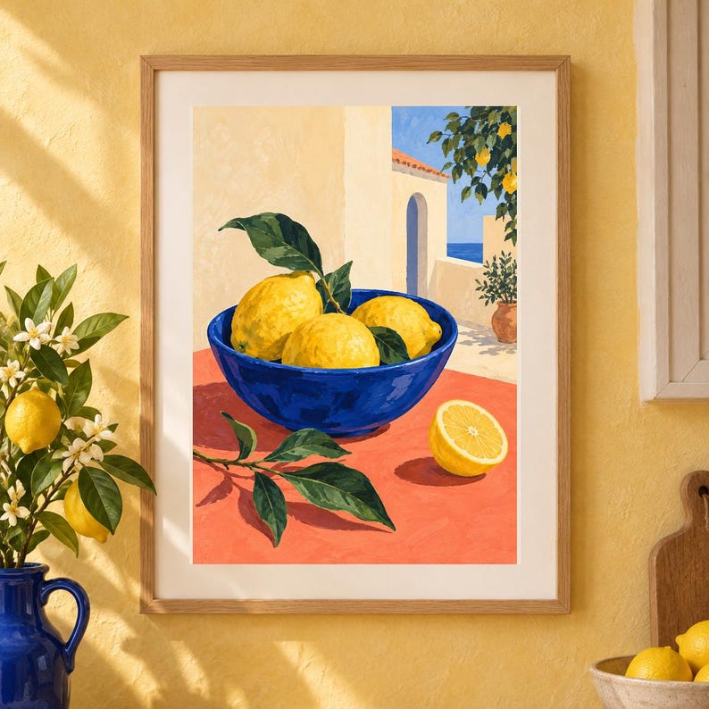 May include: A framed art print depicting a vibrant blue bowl filled with bright yellow lemons and green leaves, set on an orange surface. The background shows a Mediterranean-style building with an archway, a potted plant, and a glimpse of the sea.