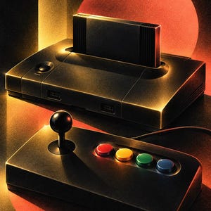 May include: A black video game console with a rectangular cartridge inserted into the top slot, accompanied by a black controller featuring a single joystick and four circular buttons in red, yellow, green, and blue, illuminated by warm light.
