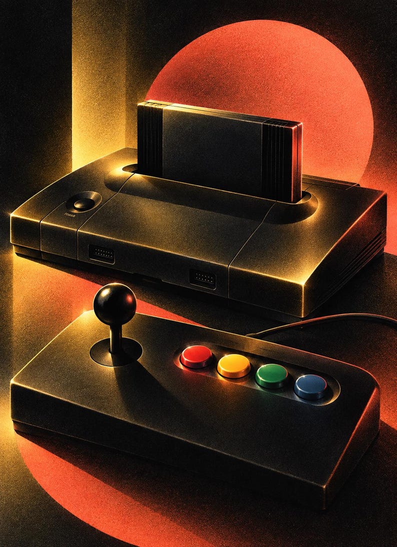 May include: A black video game console with a rectangular cartridge inserted into the top slot, accompanied by a black controller featuring a single joystick and four circular buttons in red, yellow, green, and blue, illuminated by warm light.
