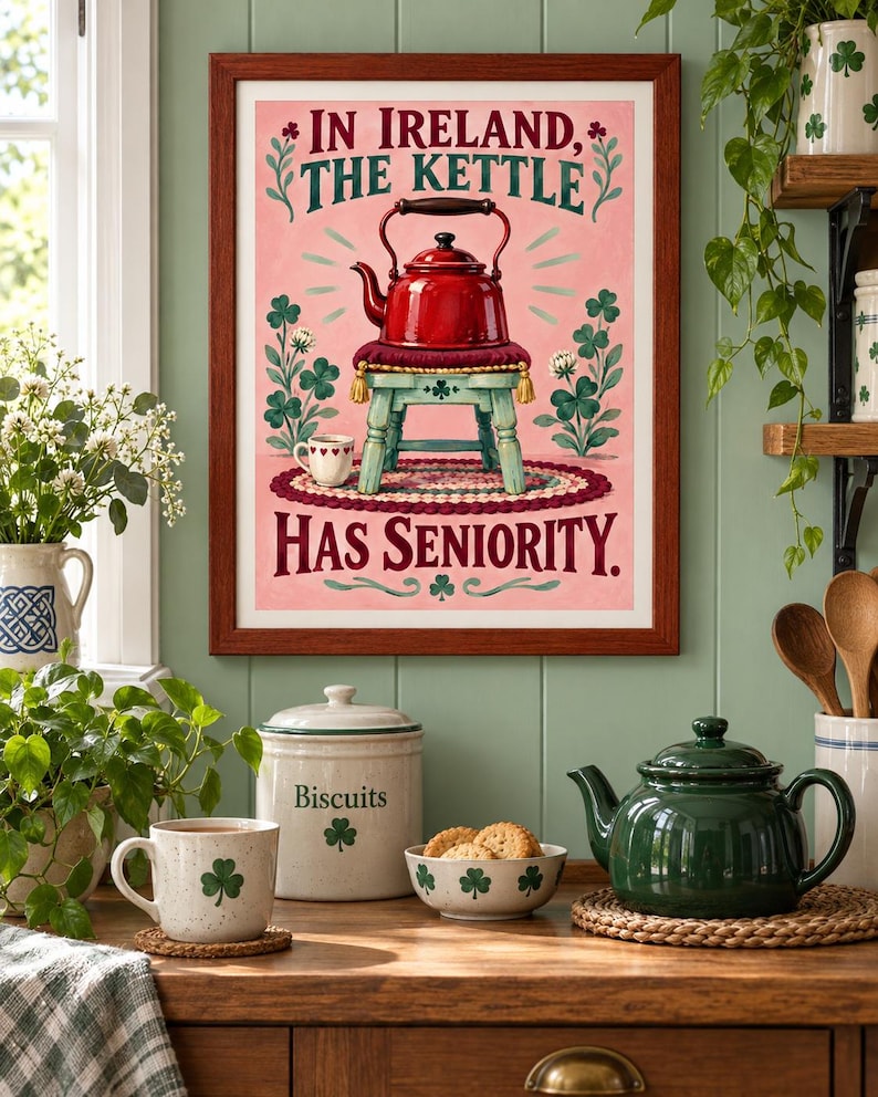 May include: A framed wall print with a pink background featuring a red kettle sitting on a small stool. The text reads, IN IRELAND, THE KETTLE HAS SENIORITY. The illustration includes green shamrock plants, a small cup, and a braided rug design.