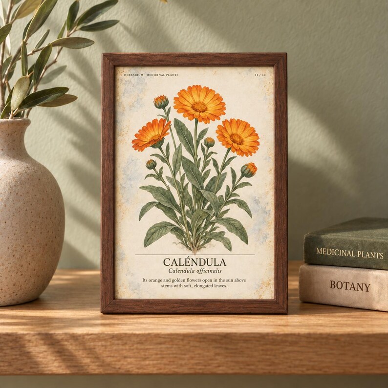 May include: A framed botanical print featuring a central illustration of orange calendula flowers with green leaves. The text reads "HERBARIUM MEDICINAL PLANTS", "CALENDULA", "Calendula officinalis", and "Its orange and golden flowers open in the sun above stems with soft, elongated leaves."