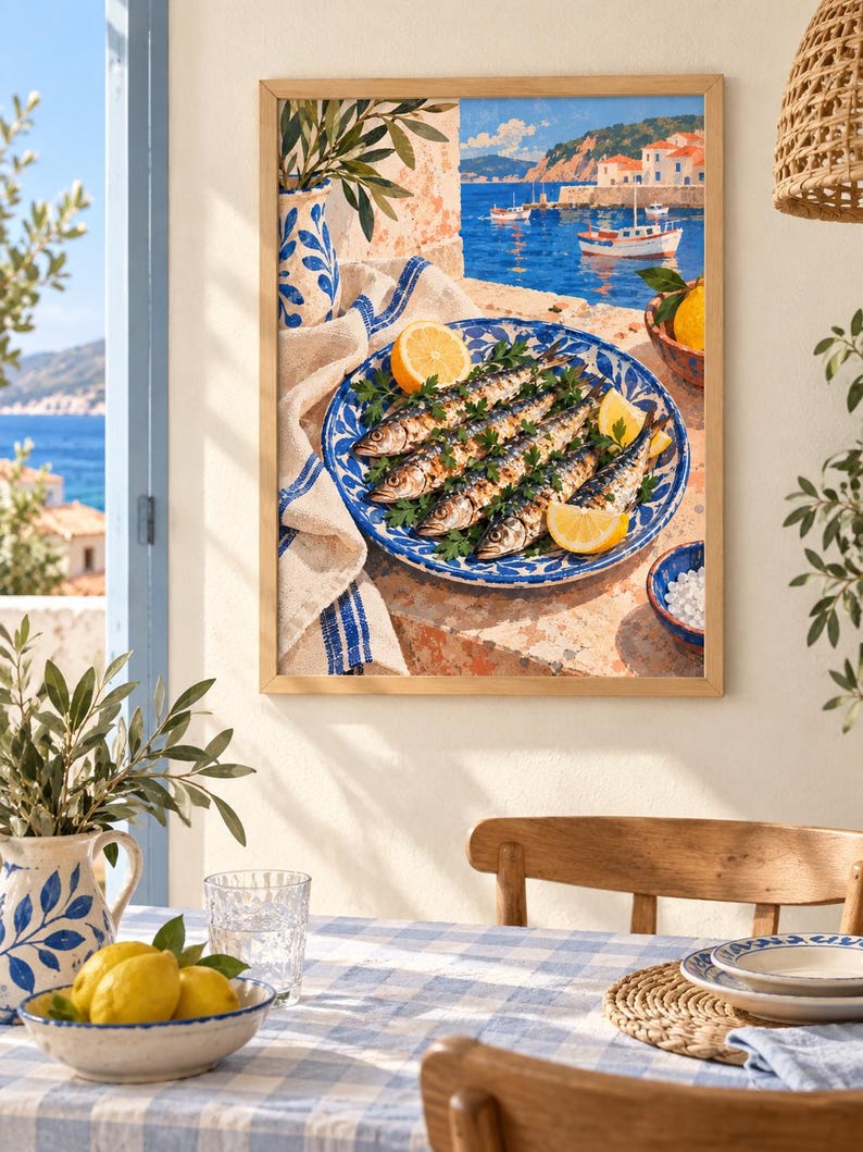 May include: A framed wall art print depicting a Mediterranean coastal scene with a plate of grilled sardines garnished with parsley and lemon slices, set on a stone ledge overlooking a blue sea with boats and white buildings under a clear sky.