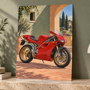 May include: A vibrant red sport motorcycle with gold-colored wheels parked on a terracotta-tiled patio. The background features a light green wall with an arched doorway, a small window, and a view of cypress trees under a clear blue sky.