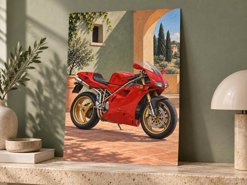 May include: A vibrant red sport motorcycle with gold-colored wheels parked on a terracotta-tiled patio. The background features a light green wall with an arched doorway, a small window, and a view of cypress trees under a clear blue sky.