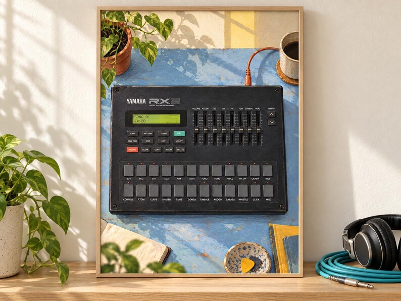 Pode incluir: Uma caixa de ritmos digital Yamaha RX11 preta com um ecr&atilde; LCD verde que mostra "SONG 01 J=120", v&aacute;rios bot&otilde;es quadrados cinzentos e cursores de volume verticais, apresentada como uma impress&atilde;o emoldurada com um fundo azul texturado.