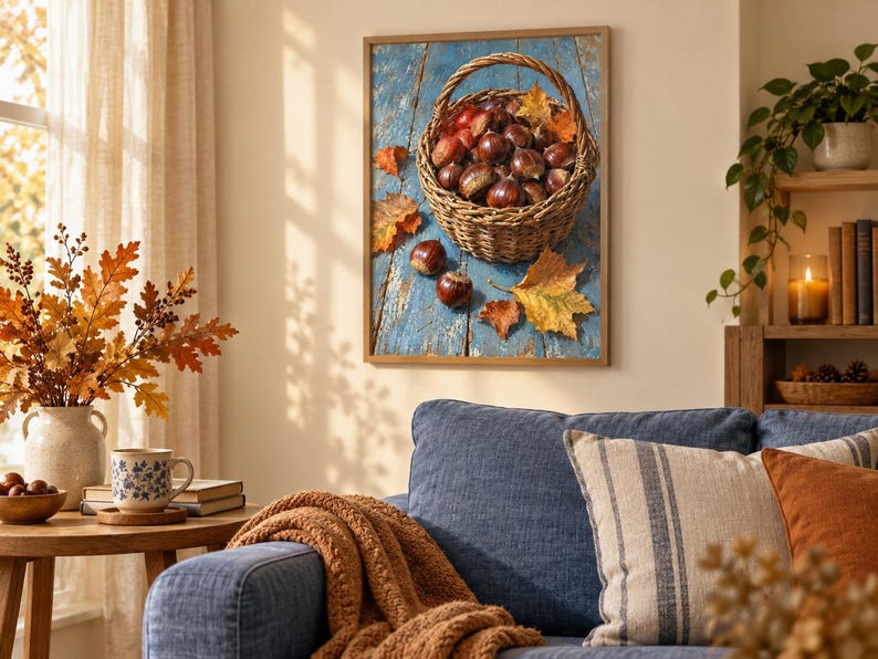 May include: A framed wall art print depicting a woven wicker basket filled with brown chestnuts, resting on a weathered blue wooden surface scattered with fallen autumn leaves in shades of yellow, orange, and brown, captured in a realistic style.