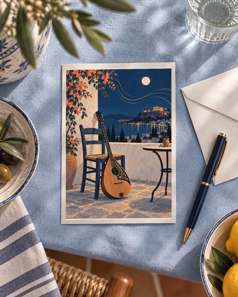 Pu&ograve; includere: Una stampa artistica rettangolare che raffigura una scena notturna su un balcone con un bouzouki in legno appoggiato a una sedia blu. L'illustrazione mostra una terrazza in pietra, un tavolino rotondo, fiori arancioni e una vista lontana di un tempio in collina sotto la luna piena in un cielo blu scuro.