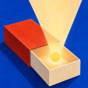 May include: A rectangular red matchbox with an open drawer containing a single glowing yellow sphere. A bright beam of light emanates upwards from the sphere against a solid blue background, creating a stark contrast between the light and dark colours.