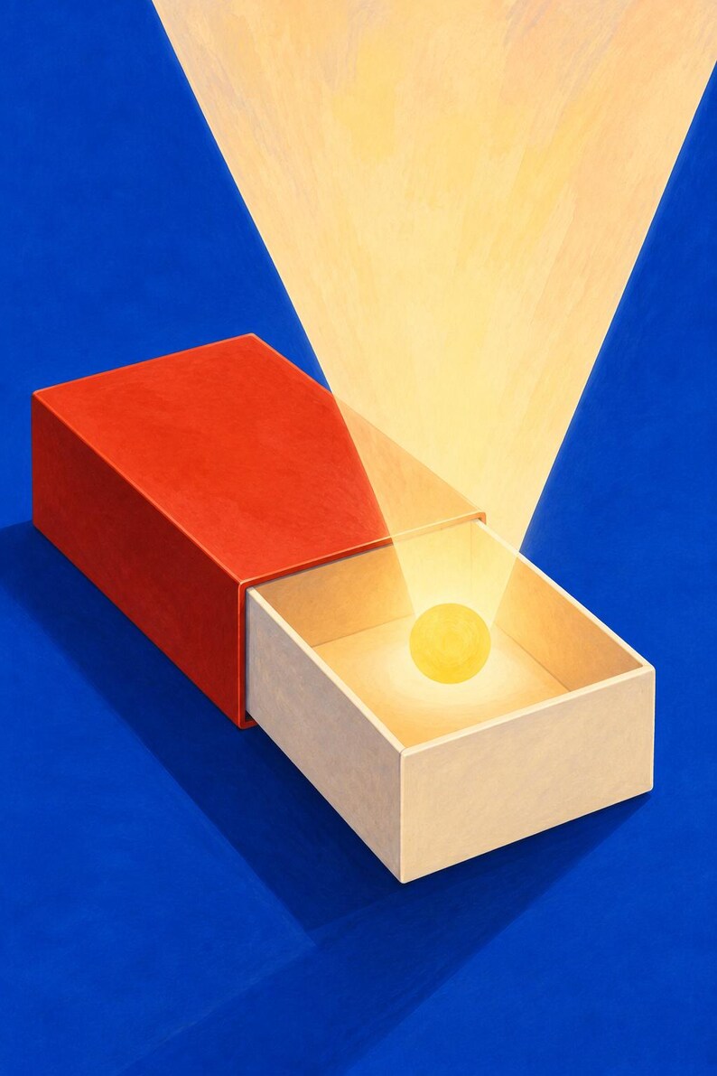May include: A rectangular red matchbox with an open drawer containing a single glowing yellow sphere. A bright beam of light emanates upwards from the sphere against a solid blue background, creating a stark contrast between the light and dark colours.