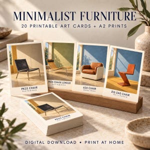 Pode incluir: Um conjunto de cart&otilde;es art&iacute;sticos imprim&iacute;veis com imagens de designs de mobili&aacute;rio, incluindo a cadeira PK22, a chaise longue PK24, a poltrona 620 e a cadeira Zig Zag. Os cart&otilde;es est&atilde;o num suporte de madeira com o texto MINIMALIST FURNITURE.