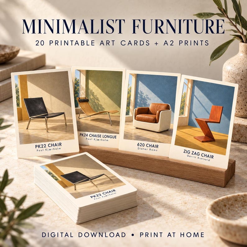 Pode incluir: Um conjunto de cart&otilde;es art&iacute;sticos imprim&iacute;veis com imagens de designs de mobili&aacute;rio, incluindo a cadeira PK22, a chaise longue PK24, a poltrona 620 e a cadeira Zig Zag. Os cart&otilde;es est&atilde;o num suporte de madeira com o texto MINIMALIST FURNITURE.