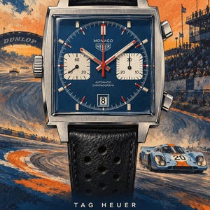 Op de afbeelding: Een vierkant TAG Heuer Monaco horloge met een blauwe wijzerplaat, twee witte sub-wijzerplaten en een datumvenster op de zes-uur-positie. Het horloge heeft een zwarte geperforeerde lederen band, zilverkleurige wijzers met rode accenten en de tekst TAG HEUER MONACO 1969.
