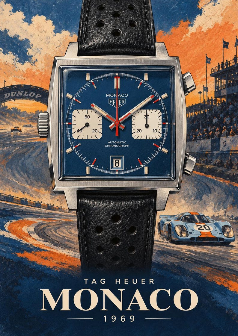 Op de afbeelding: Een vierkant TAG Heuer Monaco horloge met een blauwe wijzerplaat, twee witte sub-wijzerplaten en een datumvenster op de zes-uur-positie. Het horloge heeft een zwarte geperforeerde lederen band, zilverkleurige wijzers met rode accenten en de tekst TAG HEUER MONACO 1969.