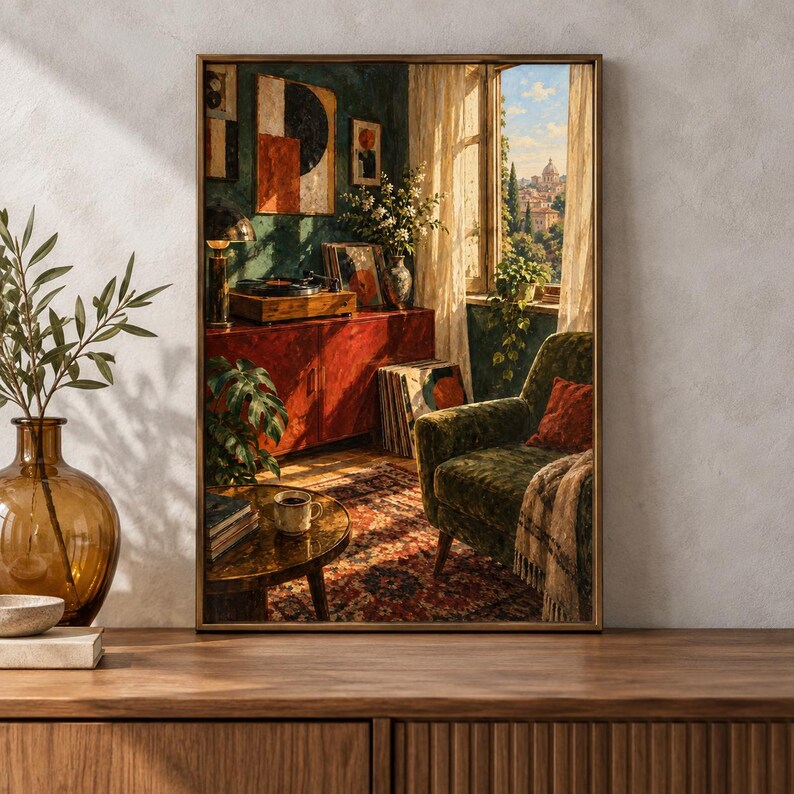May include: A framed wall art print depicting a cozy interior scene with a green velvet armchair, a red wooden cabinet, a record player, a round coffee table with a mug, and a window view of a distant cityscape under a bright blue sky.