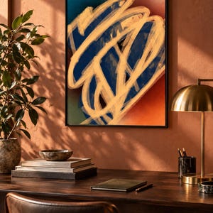 May include: A rectangular wall art piece in a black frame featuring an abstract composition of thick, sweeping beige brushstrokes layered over a gradient background of deep blue, dark green, and warm orange tones, displayed on a wall.