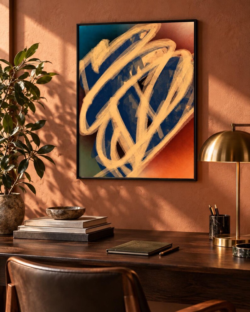 May include: A rectangular wall art piece in a black frame featuring an abstract composition of thick, sweeping beige brushstrokes layered over a gradient background of deep blue, dark green, and warm orange tones, displayed on a wall.