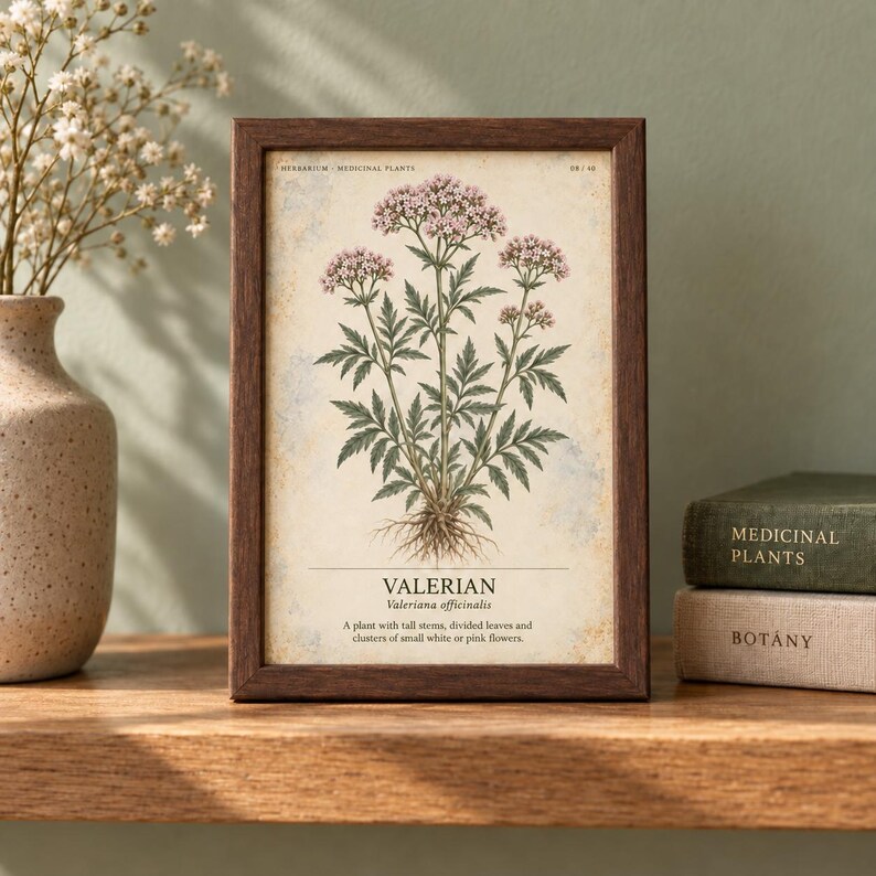 K&ouml;nnte beinhalten: Ein gerahmter botanischer Druck einer Baldrianpflanze mit gr&uuml;nen Bl&auml;ttern, Wurzeln und kleinen rosa Bl&uuml;tenclustern. Der Text lautet: HERBARIUM MEDICINAL PLANTS, VALERIAN, Valeriana officinalis, A plant with tall stems, divided leaves and clusters of small white or pink flowers.