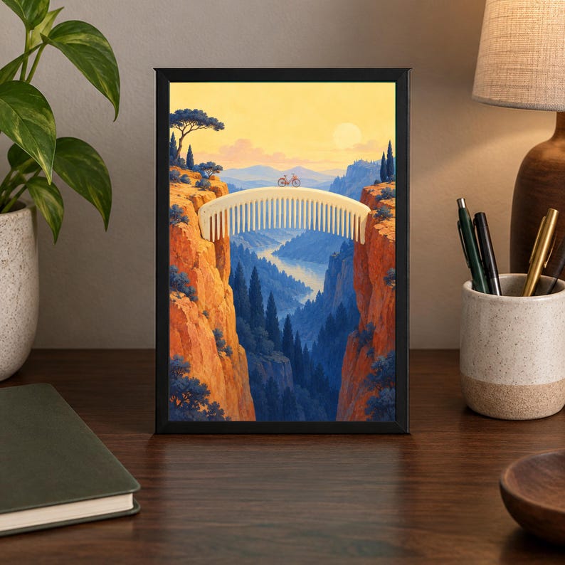 May include: A framed vertical art print featuring a surreal landscape where a light-colored hair comb serves as an arched bridge between two orange rocky cliffs. A small red bicycle sits on the comb, overlooking a deep valley with blue trees.