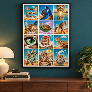 May include: A framed wall art print featuring a grid of twelve surreal illustrations of spotted cats in desert landscapes. The artwork displays various scenes including cats with celestial eyes, staircases, moons, and a cat emerging from a teacup.